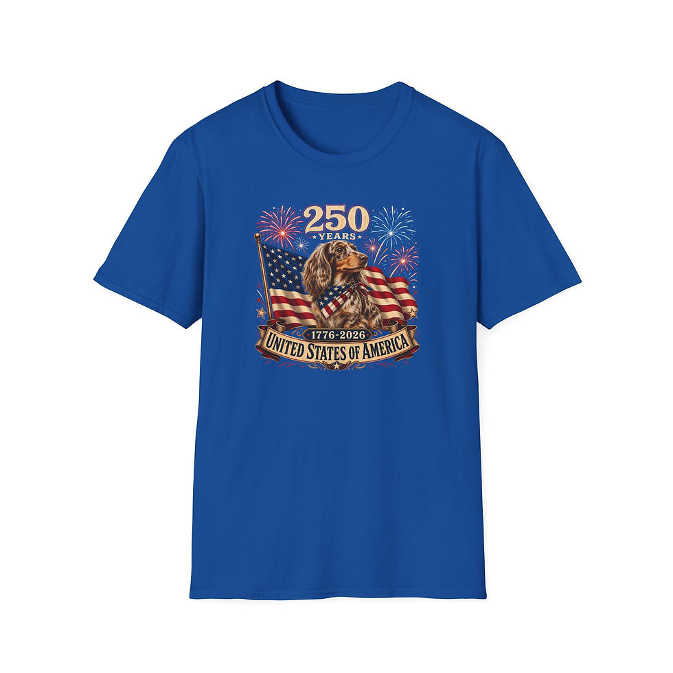 Thumbnail: T-Shirt — "250 Years" USA Long-haired Dacshund Flag Fireworks