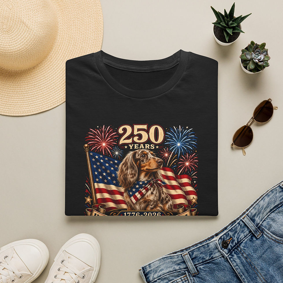 Thumbnail: T-Shirt — "250 Years" USA Long-haired Dacshund Flag Fireworks