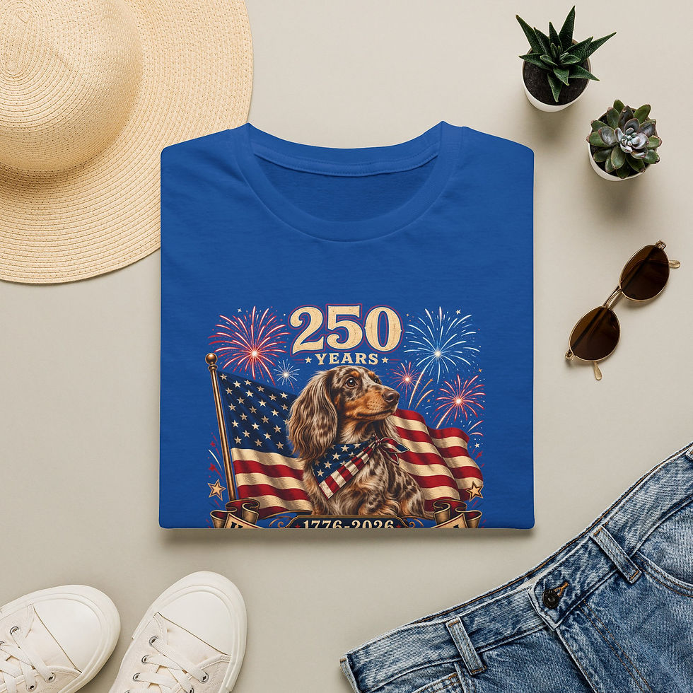 Thumbnail: T-Shirt — "250 Years" USA Long-haired Dacshund Flag Fireworks
