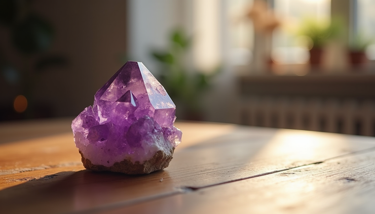 Close-up view of a polished amethyst crystal resting on a wooden surface