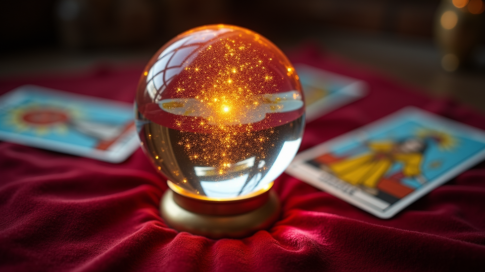 High angle view of a glowing crystal ball on a velvet cloth