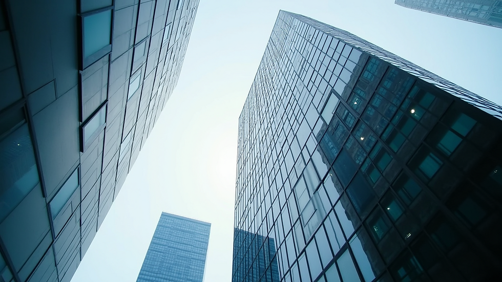 Eye-level view of a modern office building representing corporate leadership