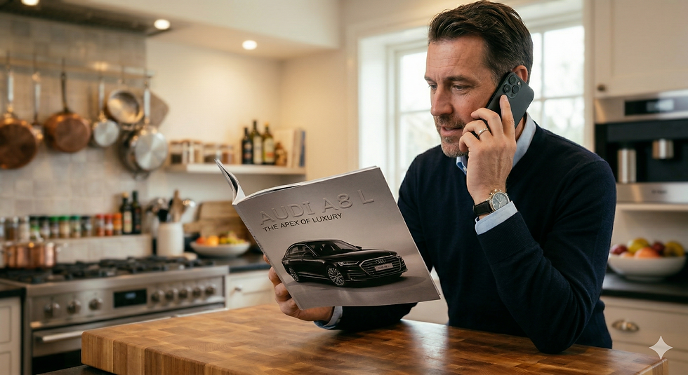 Man in a kitchen reads an Audi A8 L brochure while on the phone. Pots hang in the background, creating a cozy atmosphere.
