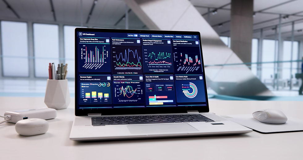 Laptop on a desk displaying colorful data dashboards. Pen holder and mouse nearby. Modern office background with glass panels.
