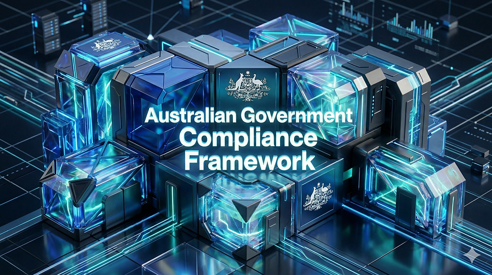 Futuristic digital blocks with glowing blue and black designs. Text reads "Australian Government Compliance Framework." High-tech vibe.
