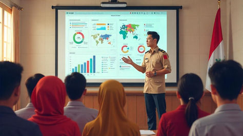 Ilustrasi pejabat pemerintah Indonesia mempresentasikan program publik kepada warga yang beragam secara etnis di balai komunitas, dengan layar menampilkan infografis pendidikan, kesehatan, dan infrastruktur.