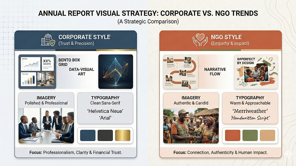 Comparison of corporate and NGO report styles. Left: Corporate with polished imagery, sans-serif fonts. Right: NGO with candid images, warm fonts.