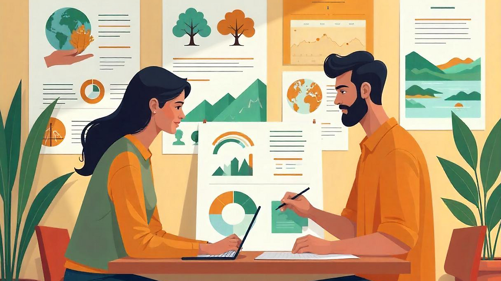 Ttim NGO sedang merancang kampanye sosial. Seseorang terlihat mendesain infografis di laptop, sementara yang lain memegang poster berisi pesan kampanye. Latar belakang menampilkan poster bertema pendidikan, lingkungan, dan hak asasi manusia. Warna-warna hangat seperti oranye, hijau toska, dan putih menciptakan suasana inklusif dan penuh harapan.