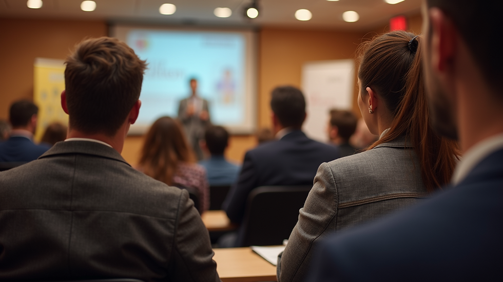 Eye-level view of a public health seminar with a speaker addressing an audience