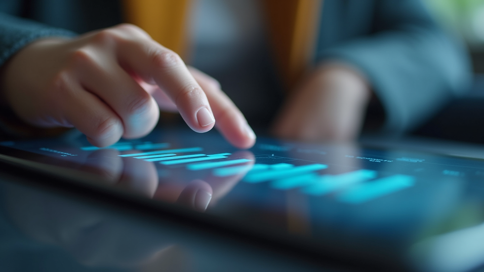 Close-up view of a hand pointing at a bar chart on a tablet screen