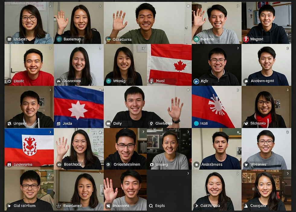 Virtual High School students connect and share their cultural heritage in a virtual meeting, proudly displaying flags from their home countries. Discover the power of online exchange in fostering global understanding.