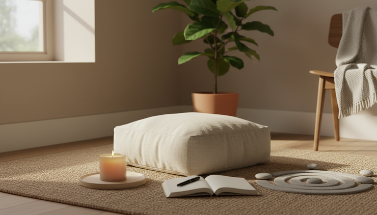 Eye-level view of a quiet meditation corner with a cushion, candle, journal, and leafy plant.