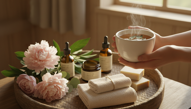 Close-up view of hands holding a warm cup of herbal tea beside fresh flowers and soft towels.