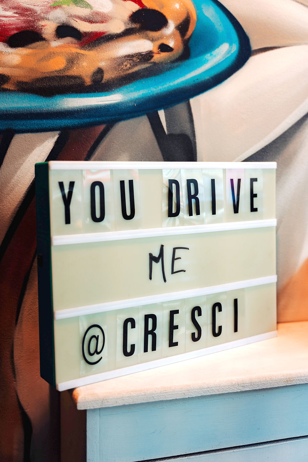 Fun and catchy restaurant decor at York Italian pizzeria with pizza near me