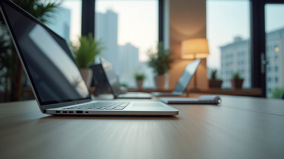 Eye-level view of a modern office desk with a laptop and notebook