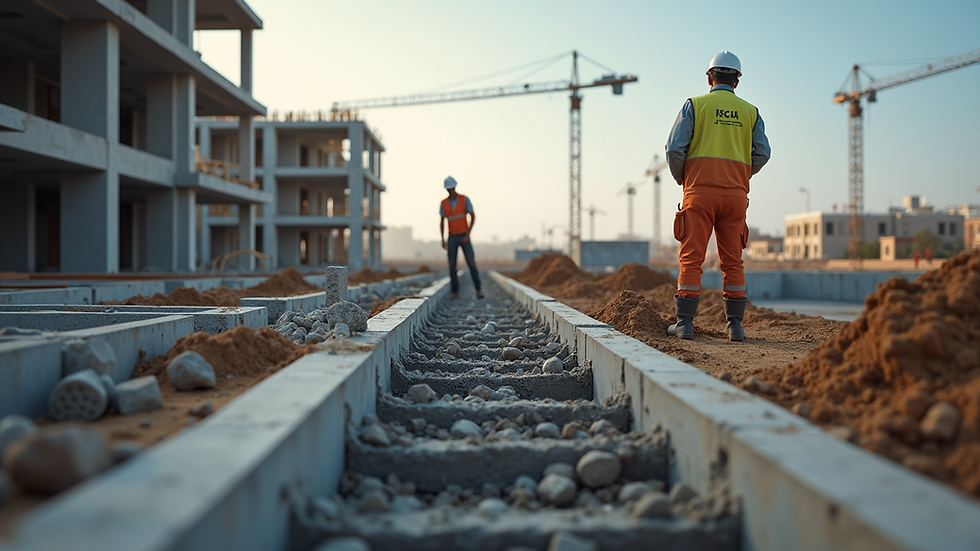 Eye-level view of a construction site with workers installing concrete foundations