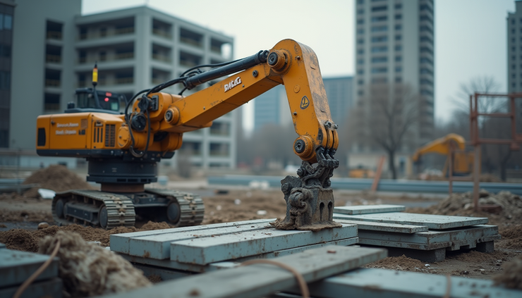 High angle view of robotic arm assembling building components on site