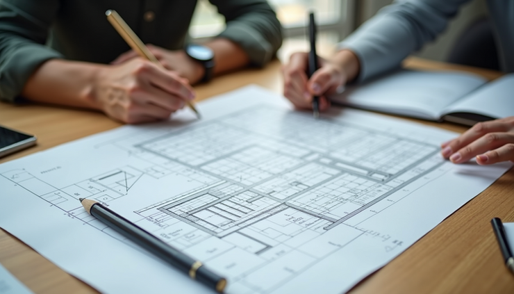 Eye-level view of a detailed architectural blueprint spread on a table
