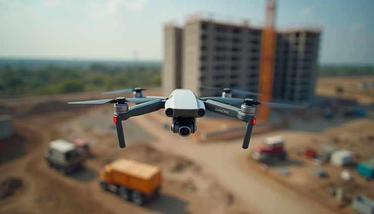Eye-level view of a construction site with drones surveying the area