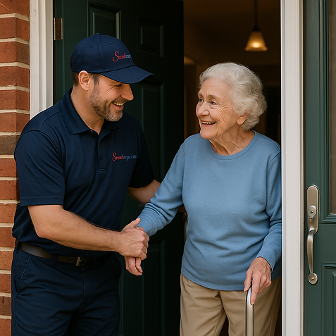 Smiling caregiver assists senior woman at her door