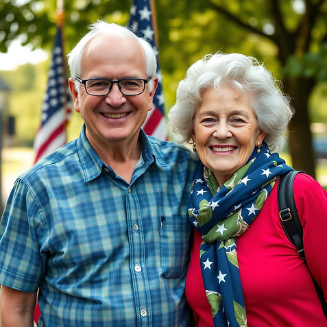 Smiling senior couple, American flags background