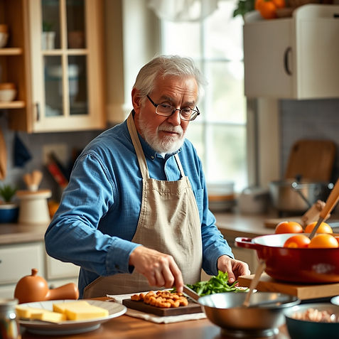 Senior man preparing food in kitchen