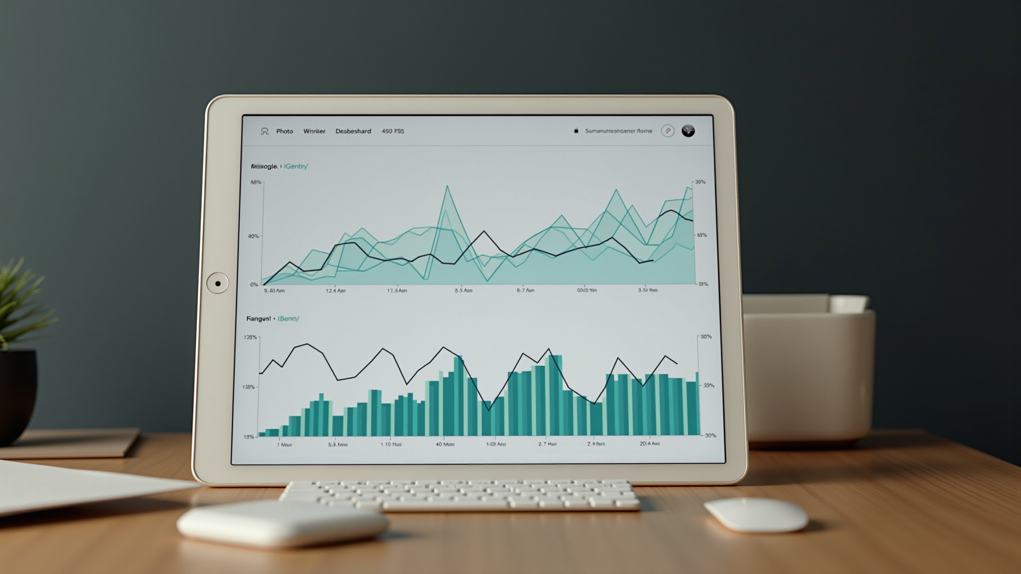 Tablet displaying teal business graphs and charts for TradeBoost CO