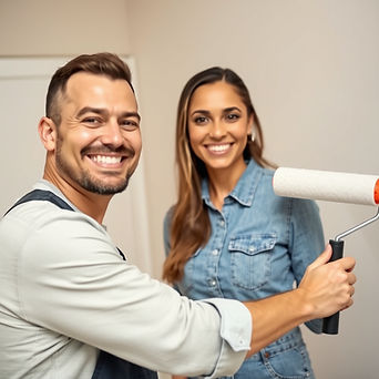 Man painter with paint roller smiling and a woman customer super happy and beautiful Hisp