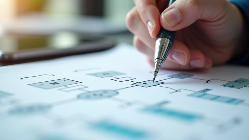 Close-up view of a person writing on a process flowchart with a pen