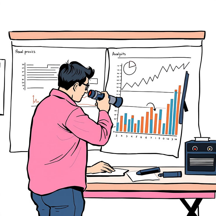 Man analyzing financial charts and graphs using a magnifying glass