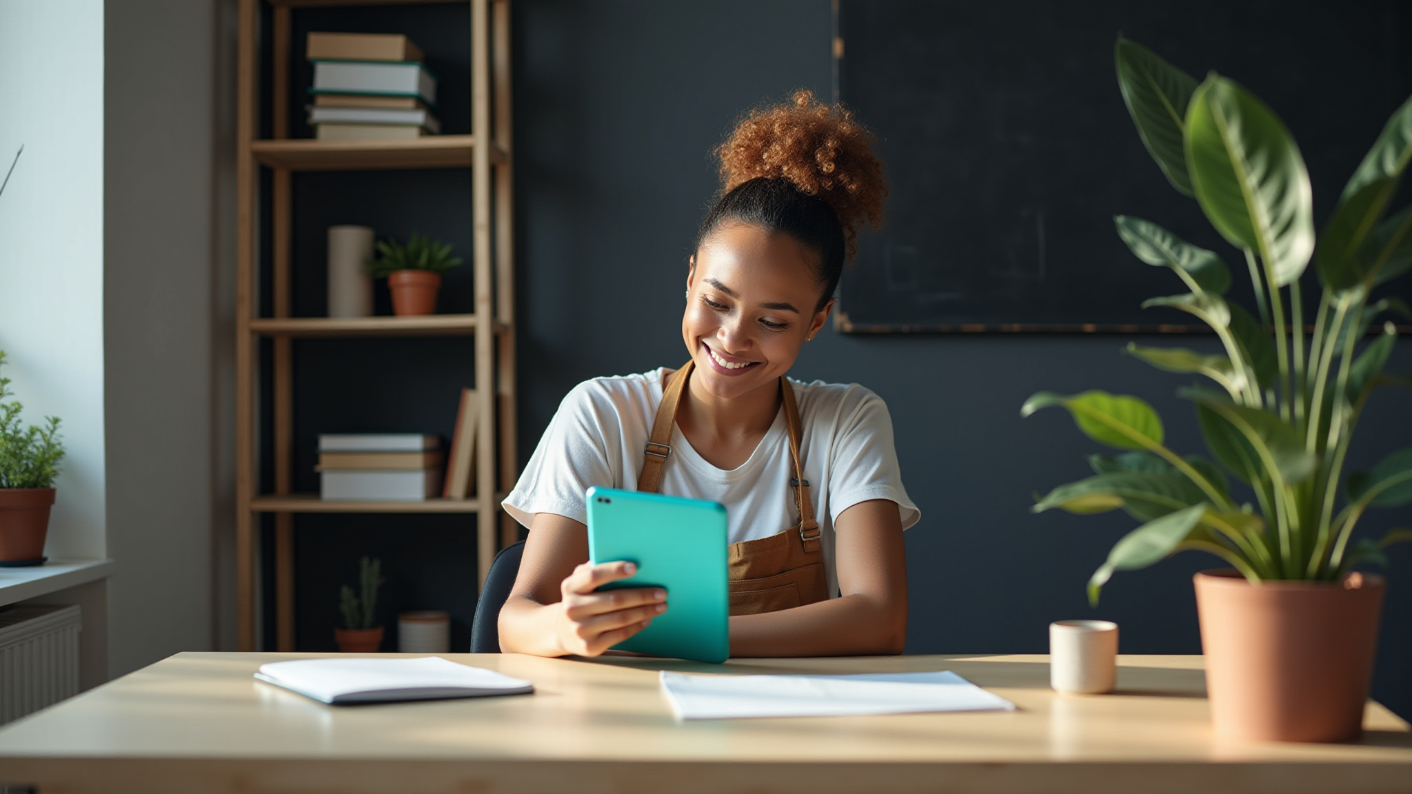 Smiling woman using teal tablet reading TradeBoost CO data