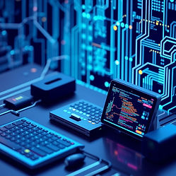 Software development: code on tablet, keyboard, circuit background