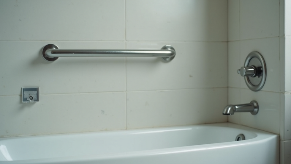 Close-up view of a bathroom grab bar installed near a bathtub
