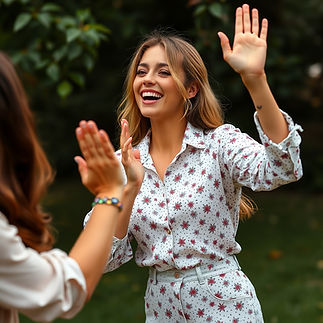 Woman happily waves and claps with friend
