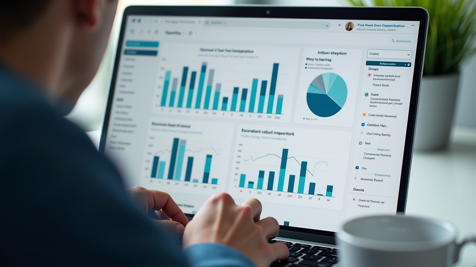 Eye-level view of a business owner reviewing operational charts on a laptop