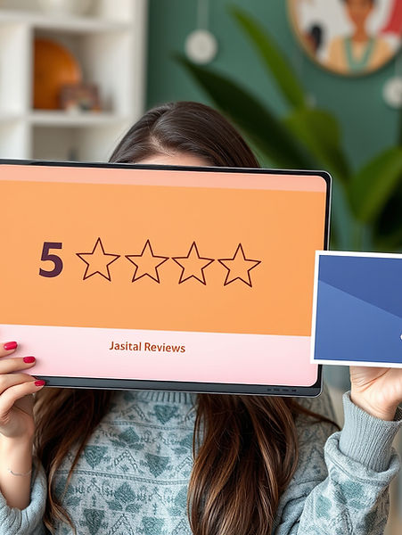 woman holding up a computer that has a 5 star review on it from TradeBoost CO