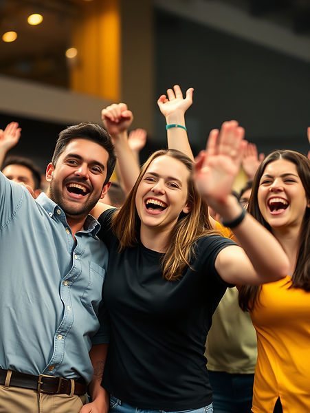 happy customers in a crowd cheering for TradeBoost CO