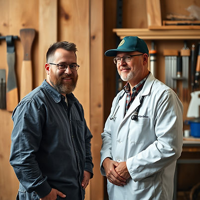 Two men smiling, one in a doctor's coat, woodworking shop background