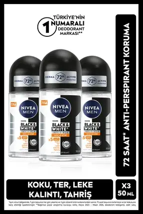 NIVEA Men Black & Whıte Invısıble Güçlü Etki Erkek Roll On Deodorant 50 ml X3