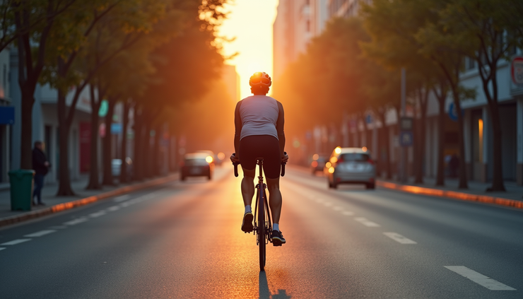 High angle view of a person cycling on a city street during evening workout