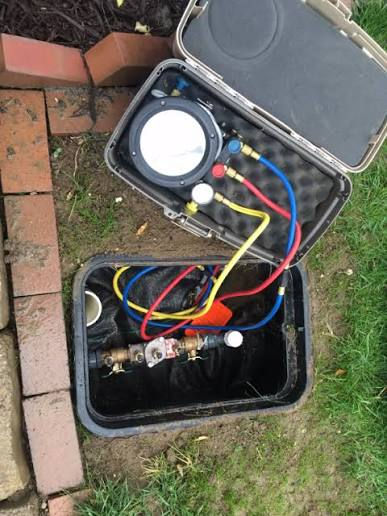 Backflow tester kit connected to underground water valves