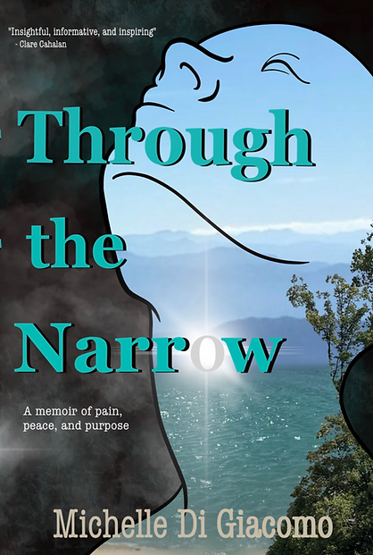 dark green and gray cloudy back ground with shape of head and neck cut out. Interior of head and neck is blue sky over still waters, green shrubs to the right side, with a mountain far off in the distance.