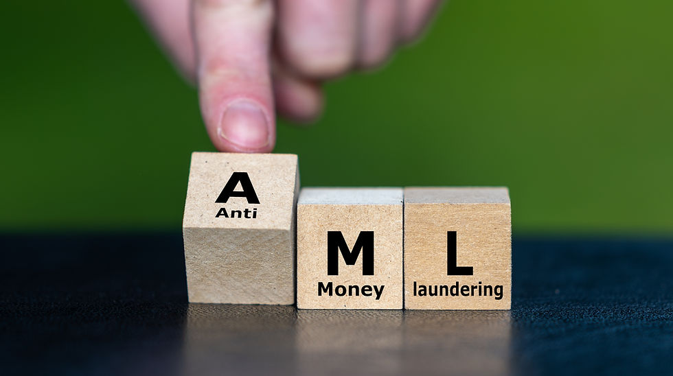 Finger flipping a block with "Anti" on top of "AML" blocks on a dark surface, green blurred background. Text reads "Anti Money Laundering."