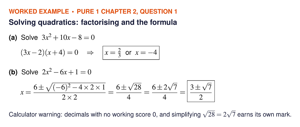 Worked solution to Pure 1 Chapter 2 Question 1: 3x squared plus 10x minus 8 factorises to give x equals two thirds or minus 4, and the quadratic formula gives x equals 3 plus or minus root 7, all over 2