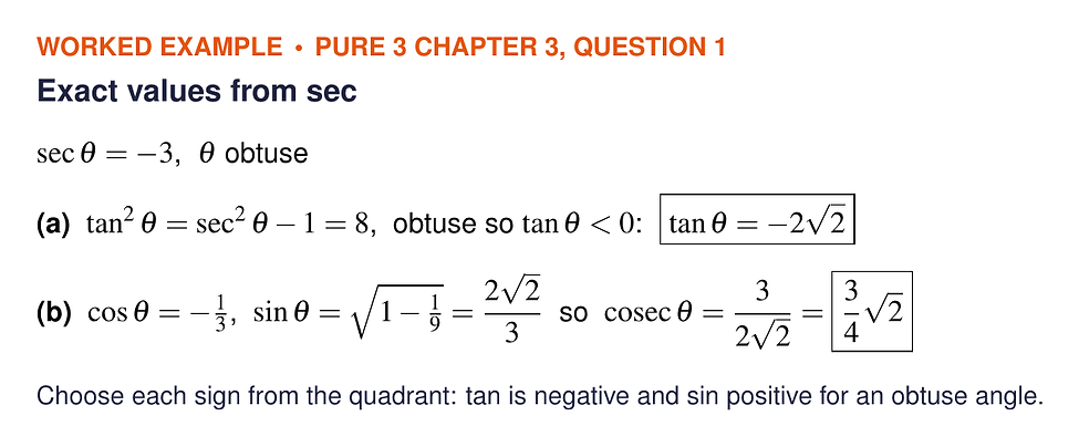 Worked solution to Pure 3 Chapter 3 Question 1: with sec theta equal to minus 3 and theta obtuse, tan theta is minus 2 root 2 and cosec theta is 3 root 2 over 4