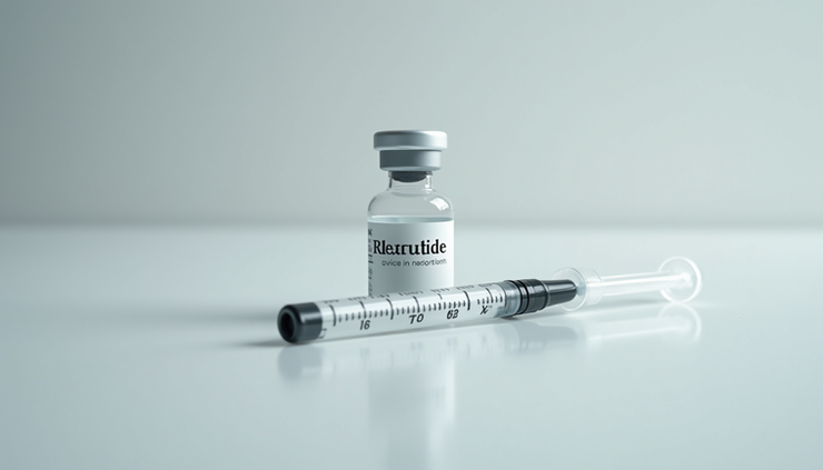 Close-up view of a vial labeled Retatrutide with a syringe on a white surface
