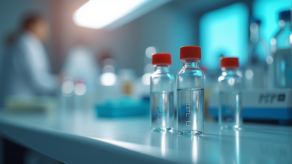 Close-up view of peptide vials on a laboratory bench