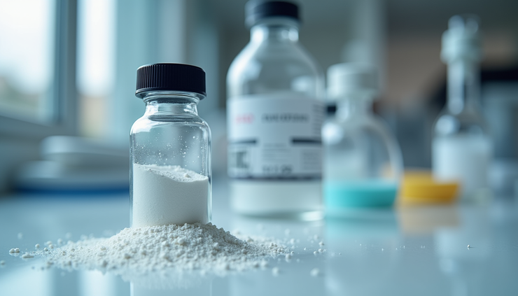 Close-up view of a vial containing Selank peptide powder on a laboratory bench