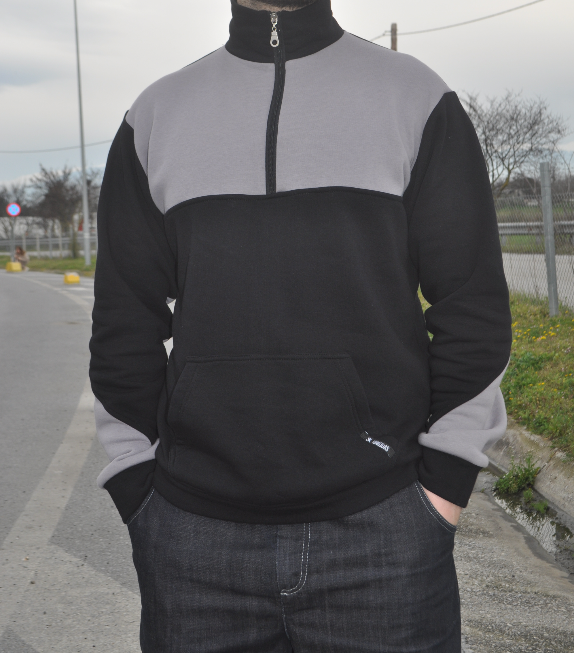 Half Zip Hoodie Μαύρο Γκρί
