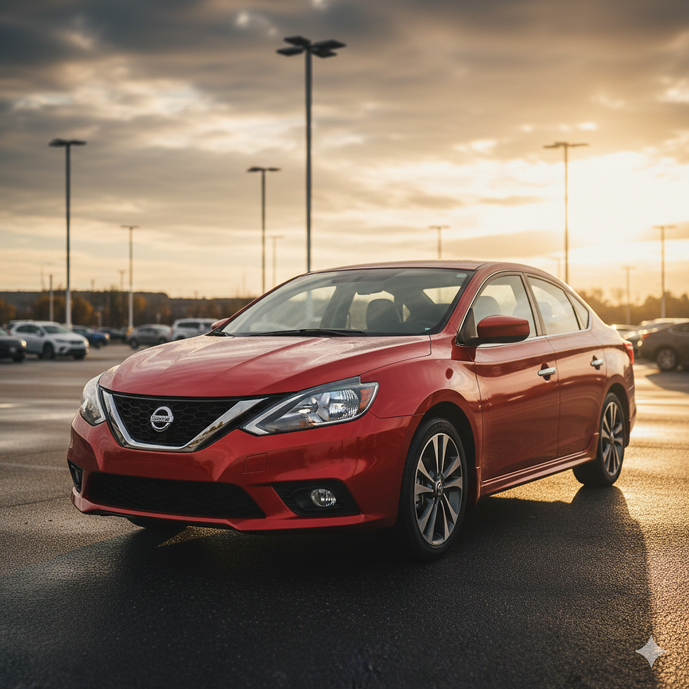 A red Nissan Sentra car in a parking lot